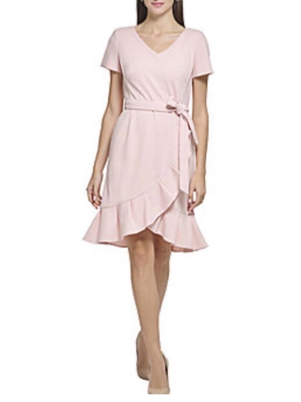 NWT Calvin Klein Women Pink Scuba Crepe Ruffle Tulip Hem Faux Wrap Dress Size 22